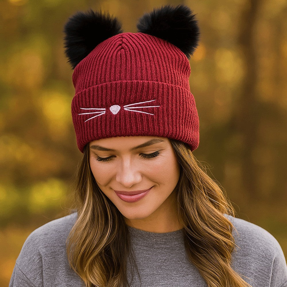 3pcs Women Cat Ear Beanie Hat Set Knit Skull Cap Winter Warm Faux Fur Pom Pom
