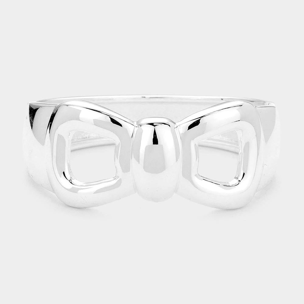 Polished Silver Tone Bow Hinge Bangle Bracelet Minimalist Coquette Cuff Jewelry