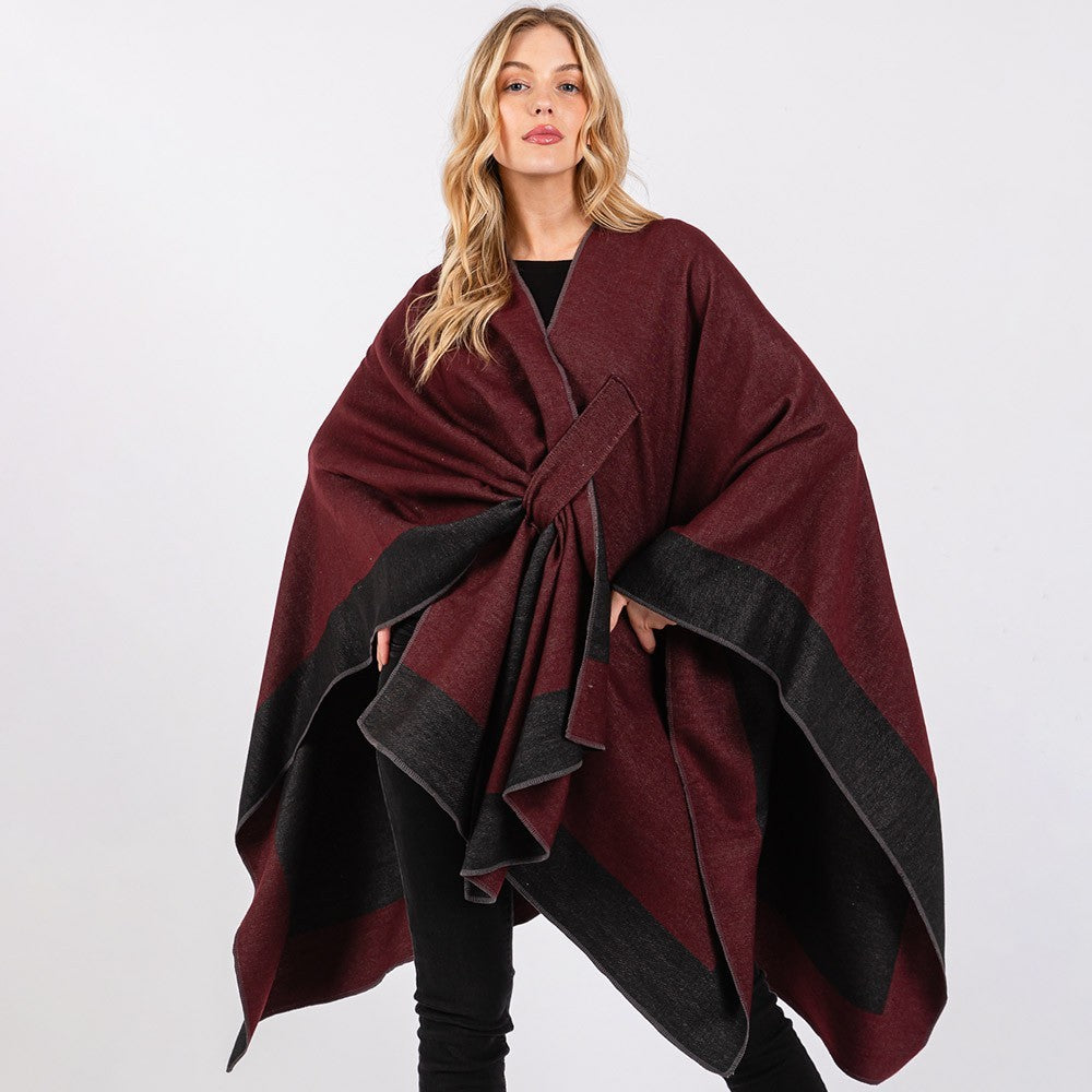 Two Tone Ruana Poncho Shawl Women’s Pull Through Layered Cape Wrap Polyester