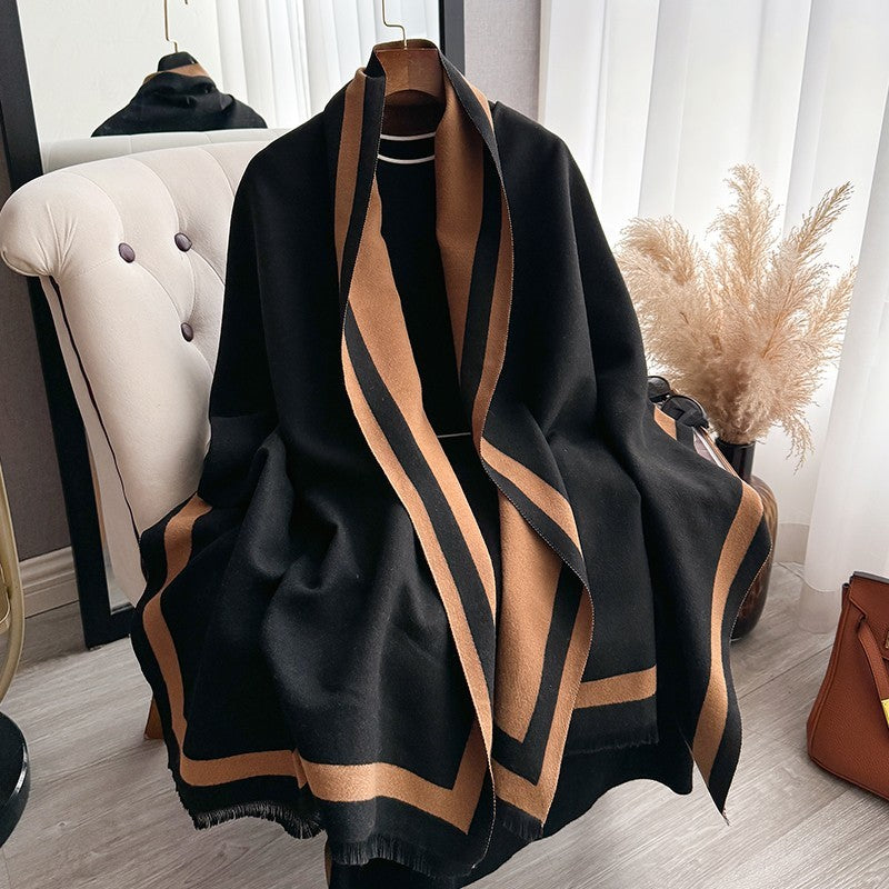 Black & Brown Striped Shawl Women’s Winter Warm Scarf Wrap with Fringed Edges
