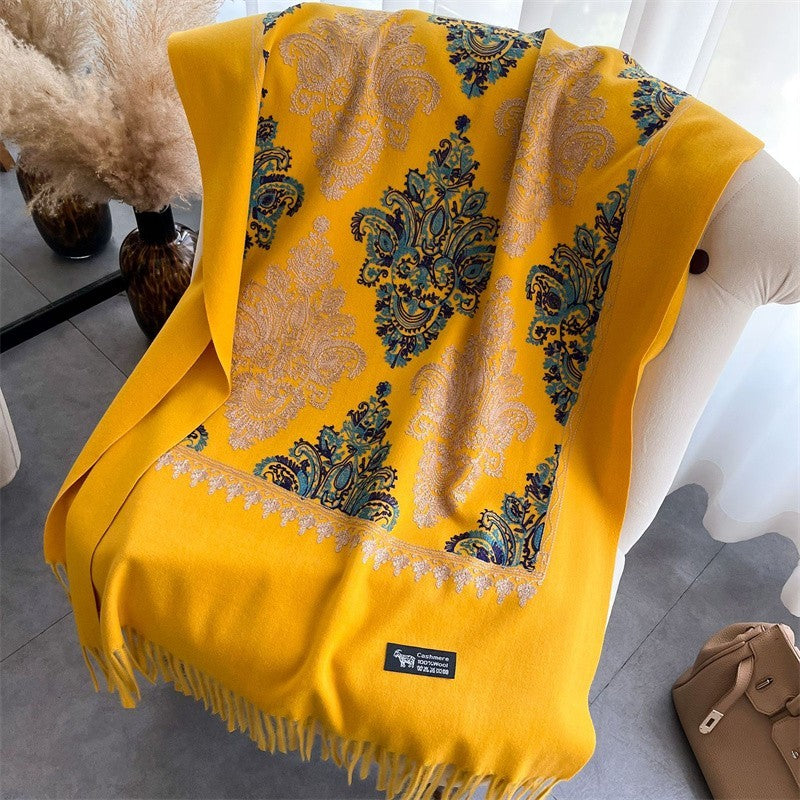Yellow Embroidered Cashmere Feel Shawl Wrap Oversized Paisley Fringed Scarf