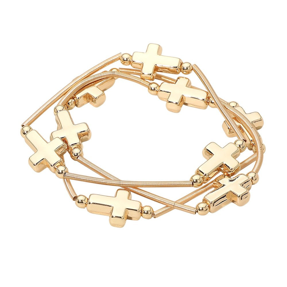 3pc Gold Cross Charm Coil Stretch Bracelet Set - Religious Faith Jewelry Gift