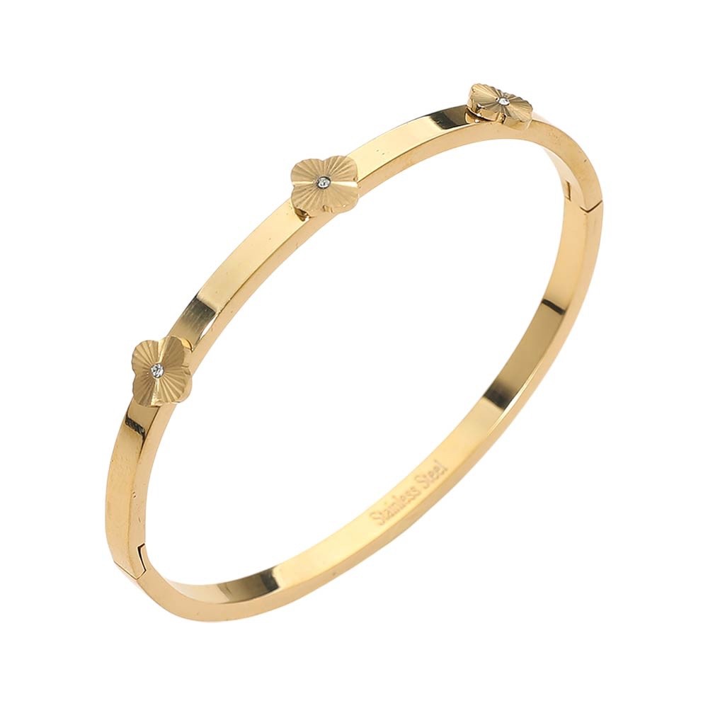 Gold Stainless Steel Clover Flower Hinge Bangle Bracelet Elegant Floral Jewelry