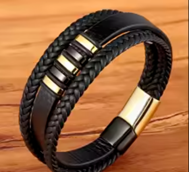 Stainless Steel Magnetic Leather Bracelet for Men Gold  Tone Jewelry Gift 8.3in