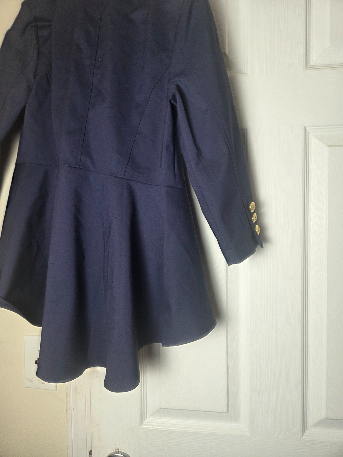 Navy Blue Asymmetrical Peplum Blazer Jacket Gold Zippers Buttons Women's Size 10