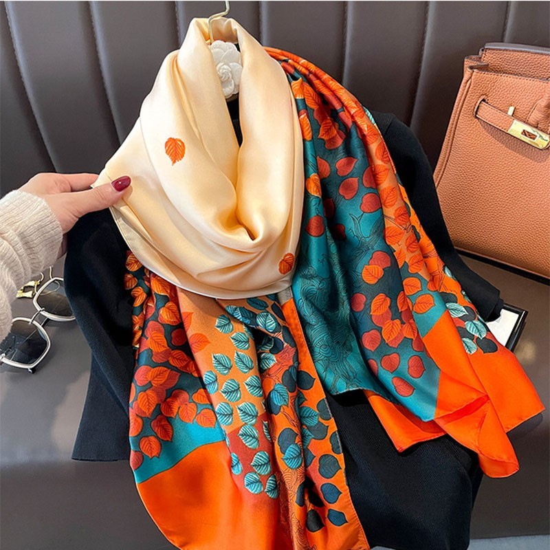 Luxury Fall Foliage Scarf Orange Silk Feel Shawl Wrap for Women Colorful Scarves