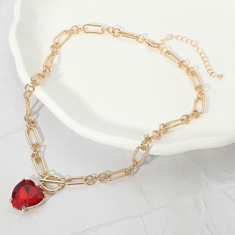 Women's Chunky Red Heart Stone Cluster Toggle Paperclip Chain Pendant Necklace