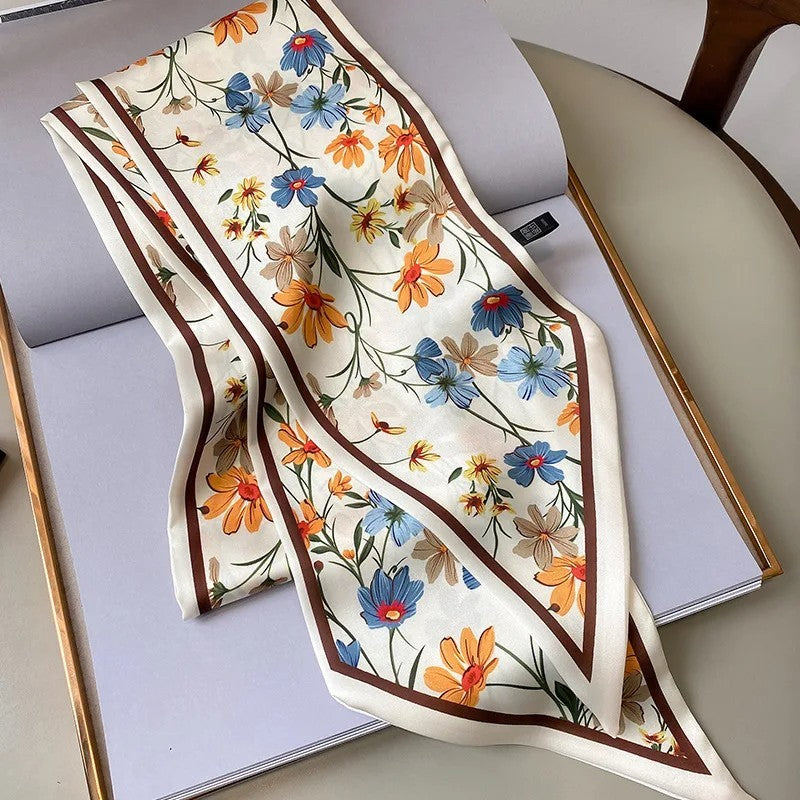 2 Pack Black White Floral Skinny Scarf Set Twilly Foulard Thin Neck Tie Ribbons