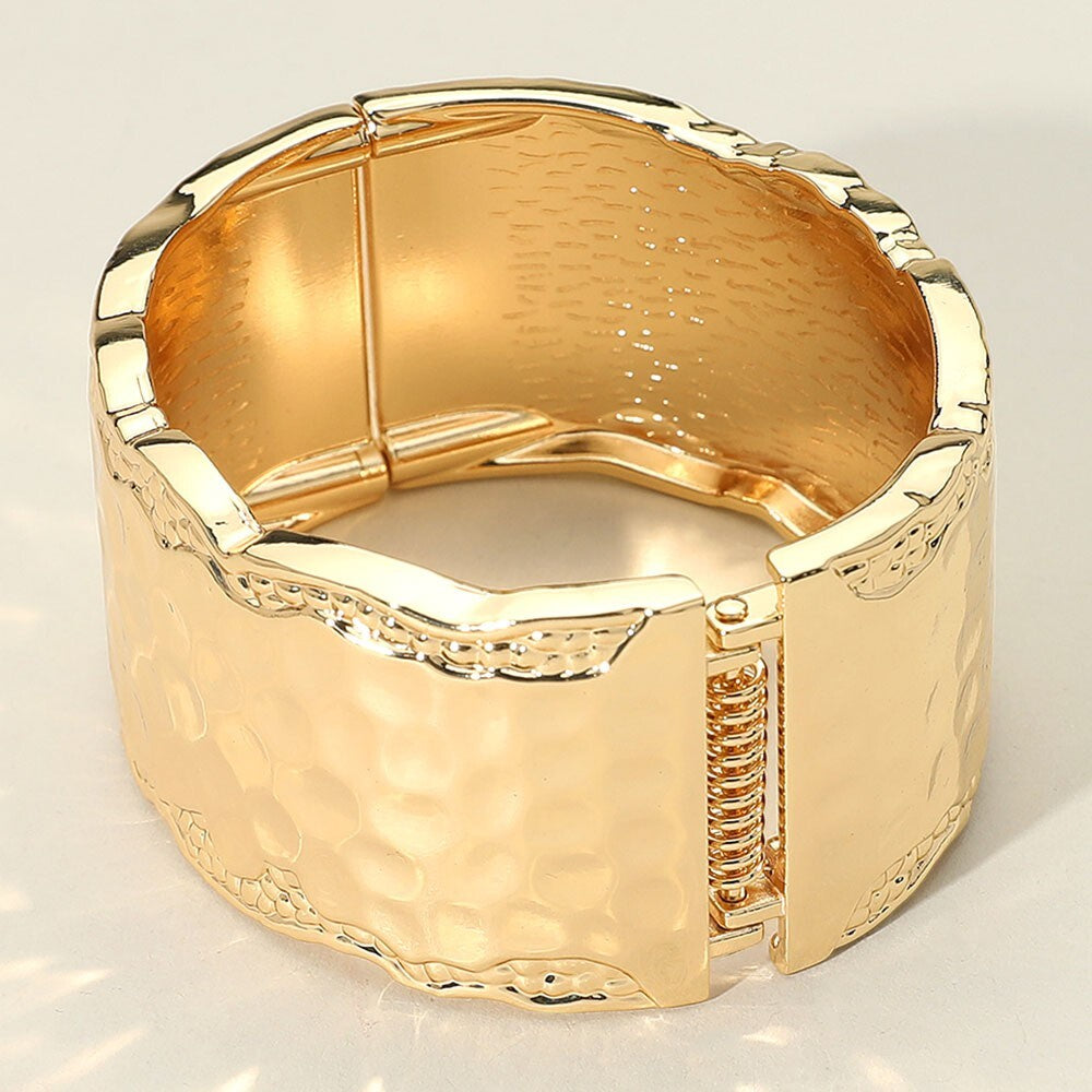 Wide Gold Hammered Metal Bangle Bracelet for Women with Hinged Clasp