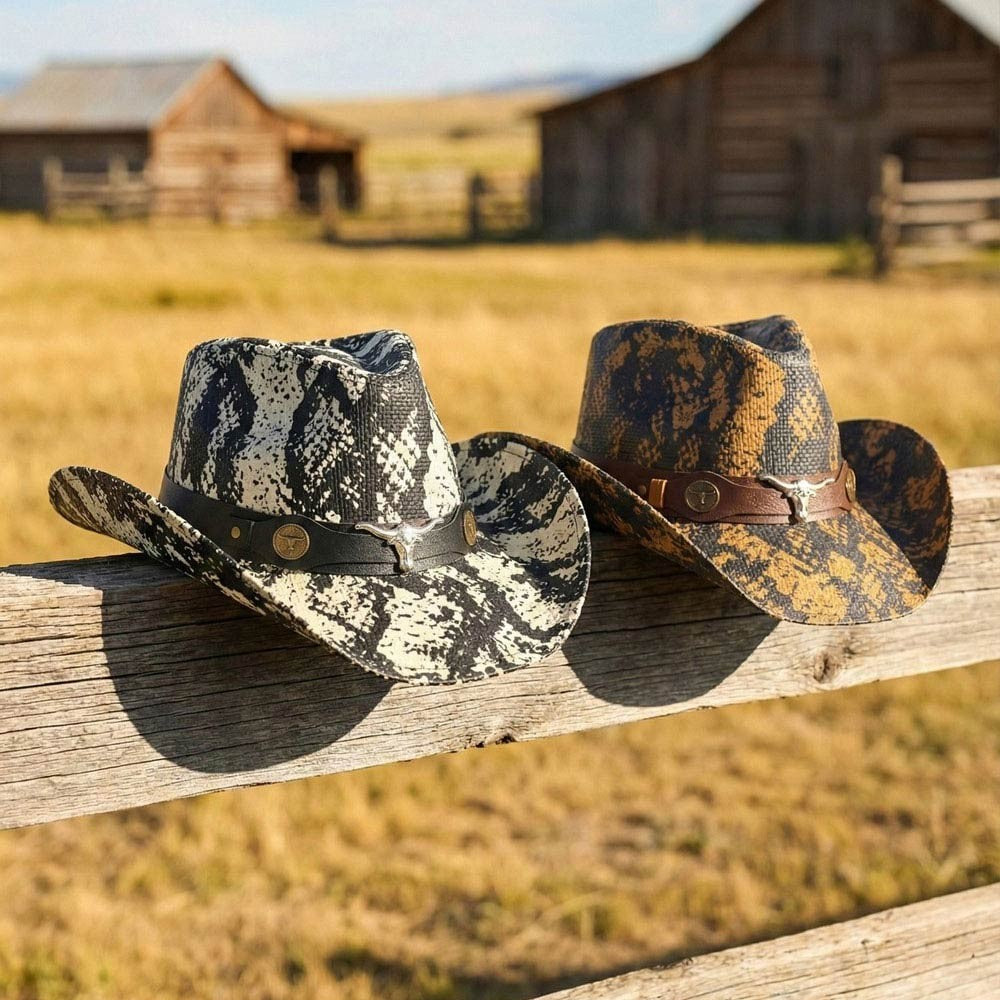 Women's One Size Steer Head Accent Snake Print Classic Western Cowboy Hat Ivory