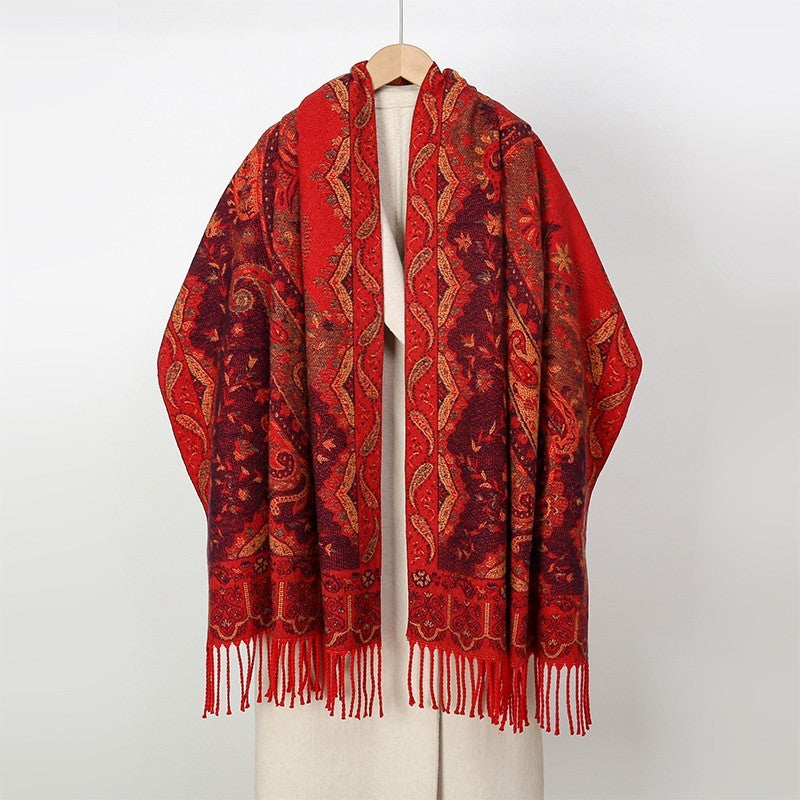 Red Paisley Shawl Wrap Scarf Extra Large Polyester Stole with Tassels 71" x 25.6