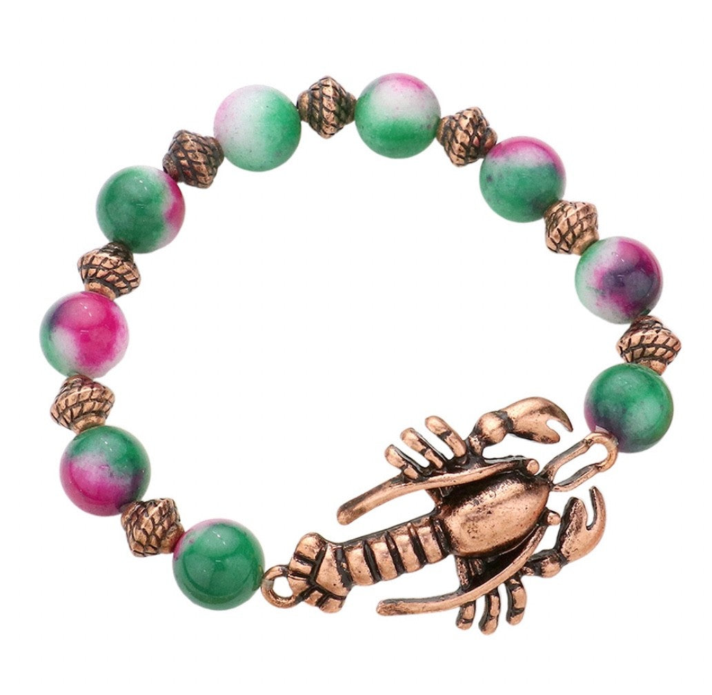 Antique Copper Lobster Nautical Stretch Bracelet Green Pink Natural Stone Beads