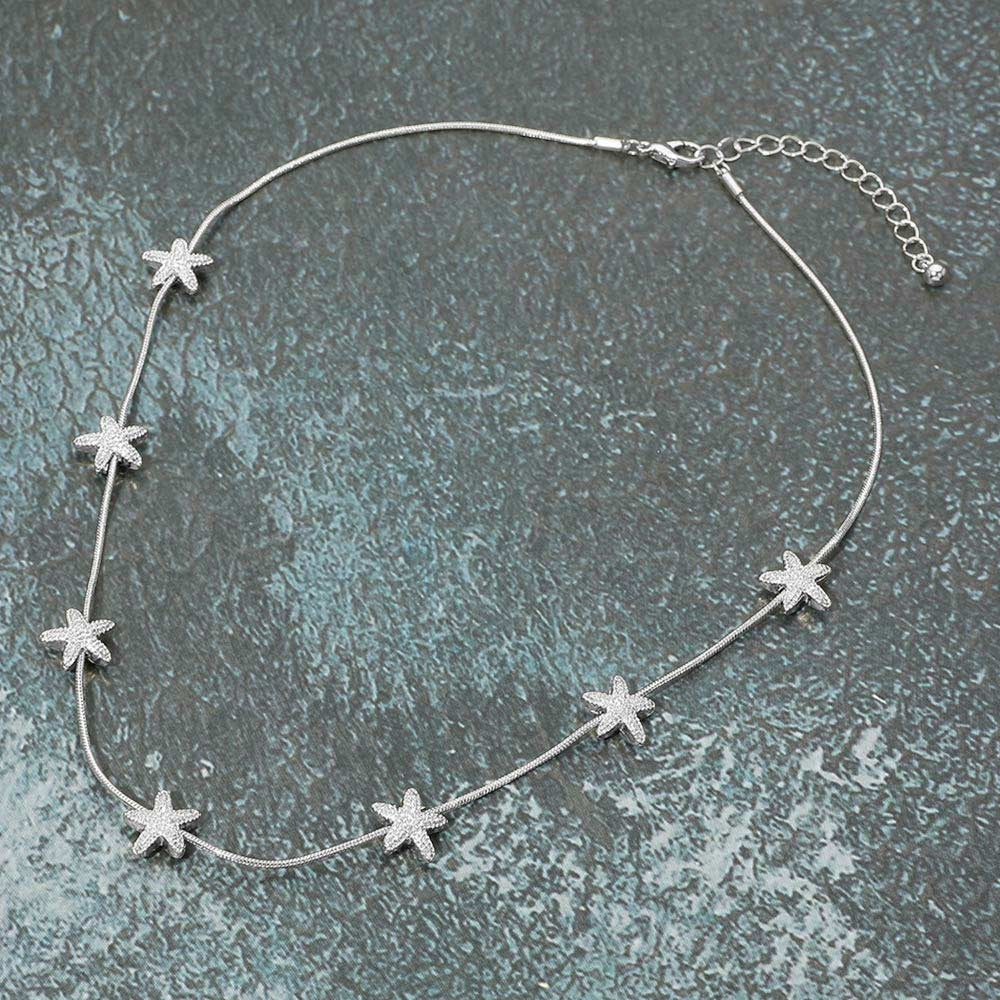Silver Starfish Snake Chain Station Necklace Sparkling Coastal Beach Jewelry