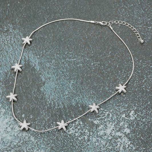 Silver Starfish Snake Chain Station Necklace Sparkling Coastal Beach Jewelry