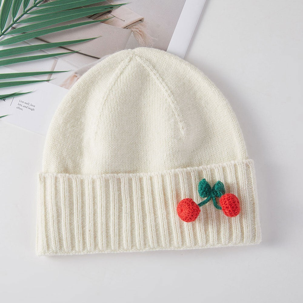 Womens OS Cozy Cherry Accent Winter Beanie Hat and Gloves Set 100% Acrylic Ivory