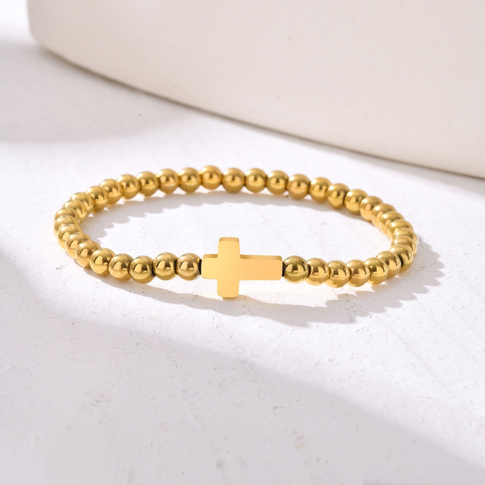 Set of 2 Cross Beaded Bracelets Gold & Silver Tone Stainless Steel Stretch Duo