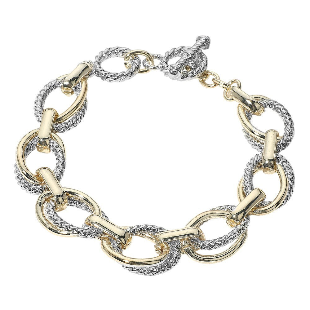 14K Gold Plated Two-Tone Chunky Bold Chain Link Bracelet with Toggle Clasp