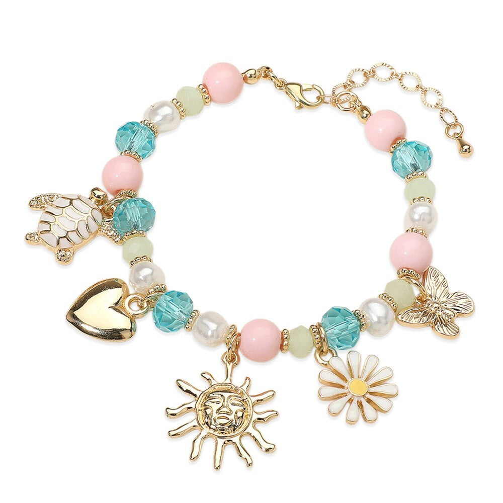 Enamel Turtle Flower Heart Butterfly Sun Charm Beaded Stretch Bracelet Jewelry