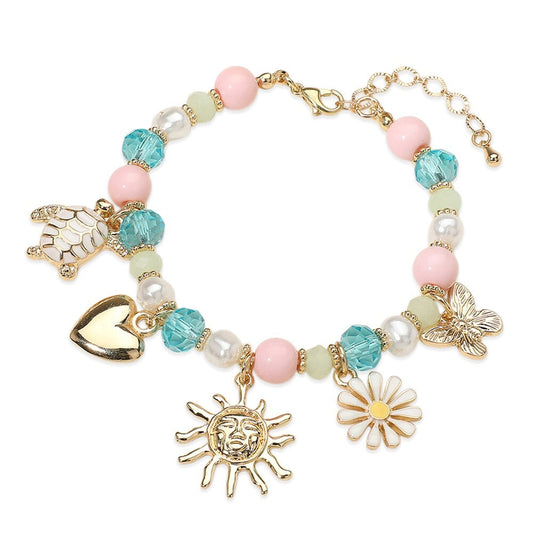 Enamel Turtle Flower Heart Butterfly Sun Charm Beaded Stretch Bracelet Jewelry