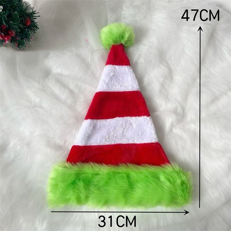 Jumbo Red White Striped Green Faux Fur Santa Elf Hat Costume Adult 18.5 inch