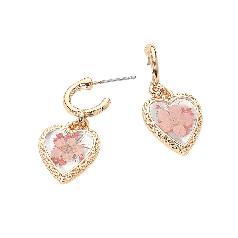 2pc Dried Pressed Flower Heart Earrings - Elegant Gold Resin Floral Jewelry Set