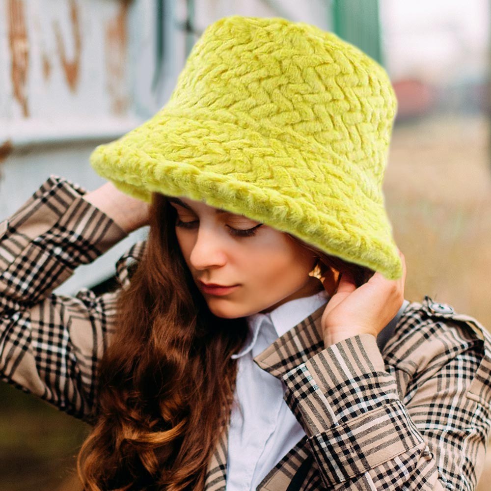 Neon Yellow Faux Fur Bucket Hat Soft Textured Winter Festival Fisherman Cap