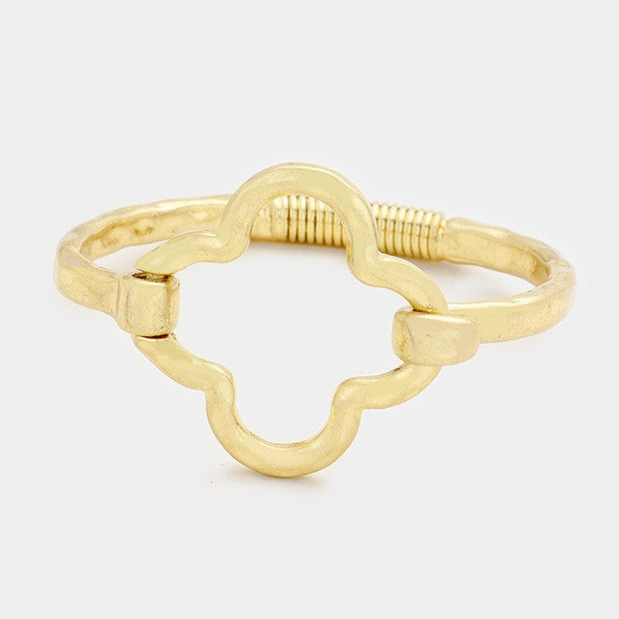 Matte Gold Hammered Quatrefoil Hinged Cuff Bangle Bracelet - 2.3" Diameter