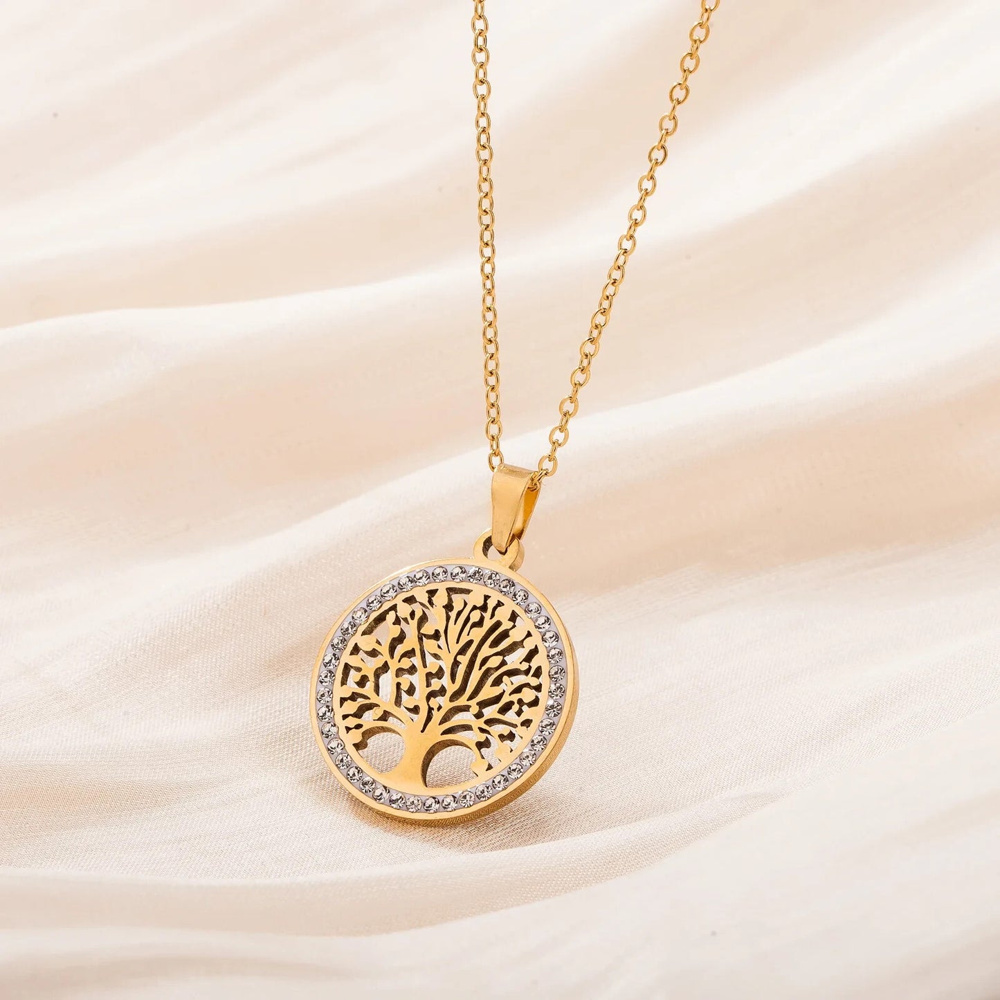 Gold Color Tree of Life Necklace for Women Stainless Steel Zircon Pendant Gift