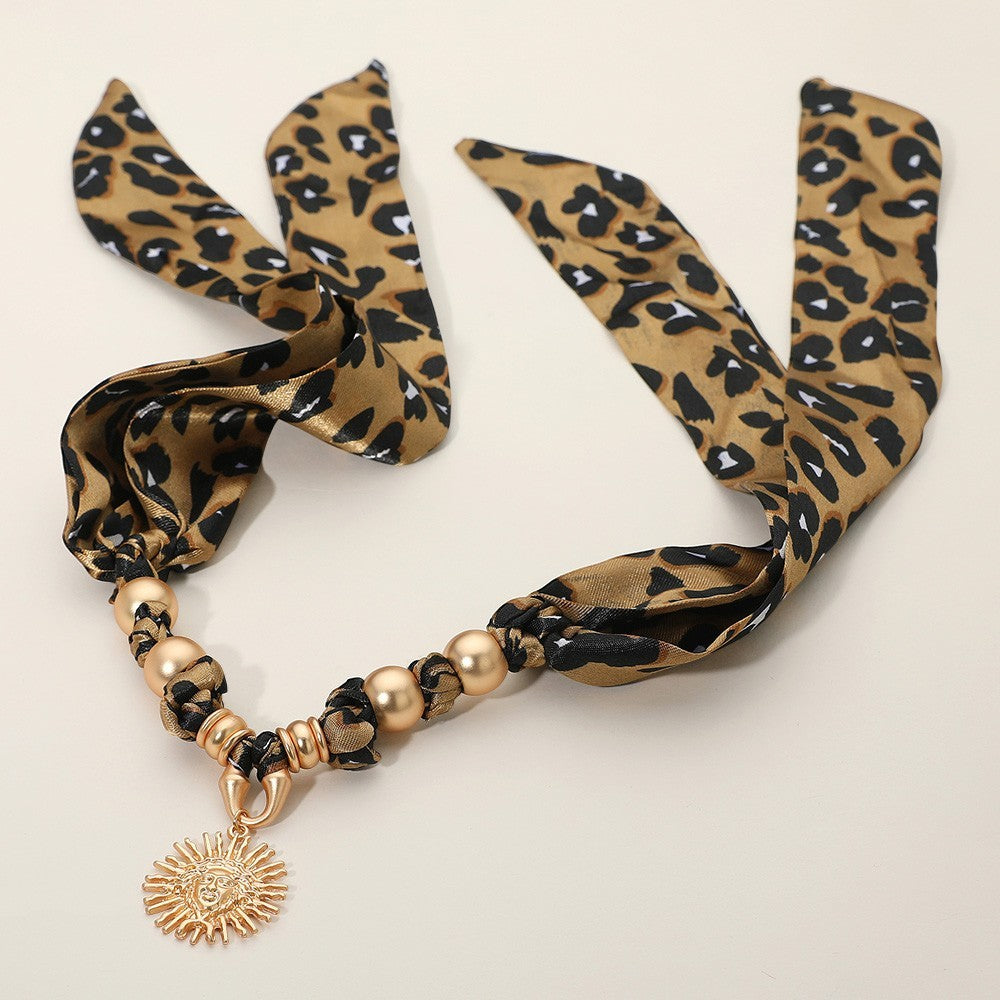 Leopard Print Scarf Headband Gold Sun Charm Beaded Boho Choker Necklace for Lady