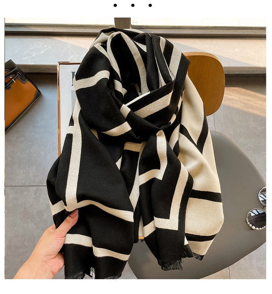 Luxury Geometric Black Beige Knit Scarf Shawl Wrap Modern Abstract Winter Warm
