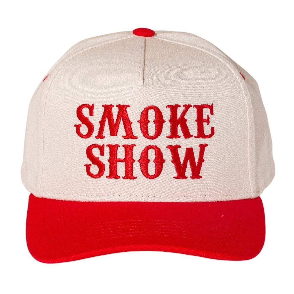 Smoke Show Red and Cream Two Tone Embroidered Snapback Trucker Hat Baseball Cap