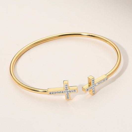 Paved Cross Tip Stainless Steel Open Cuff Bracelet for Women Religious Bangle