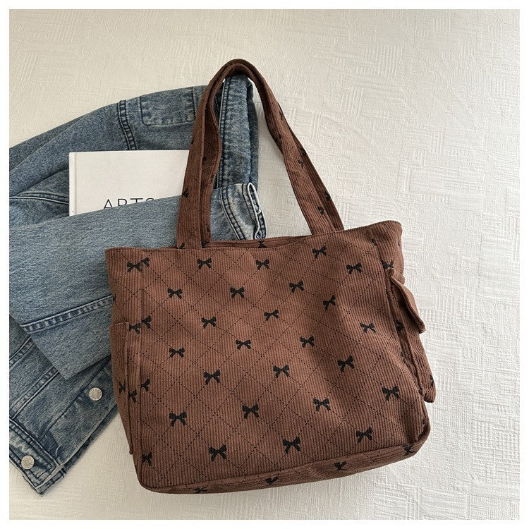 Coquette Corduroy Tote Bag Brown Bow Print Shoulder Purse Large Capacity Multi-P