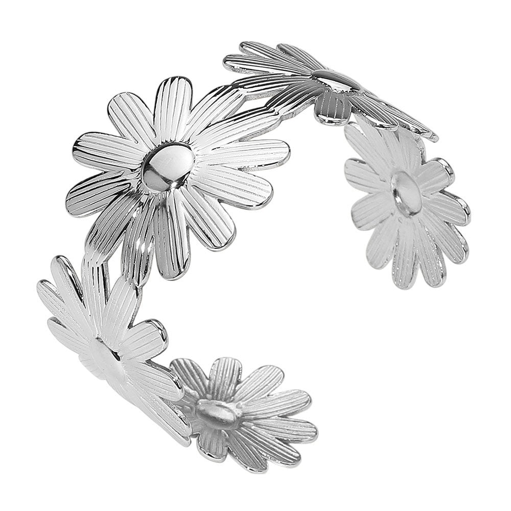 Silver Tone Stainless Steel Floral Cuff Bracelet – Etched Open Bangle for Women