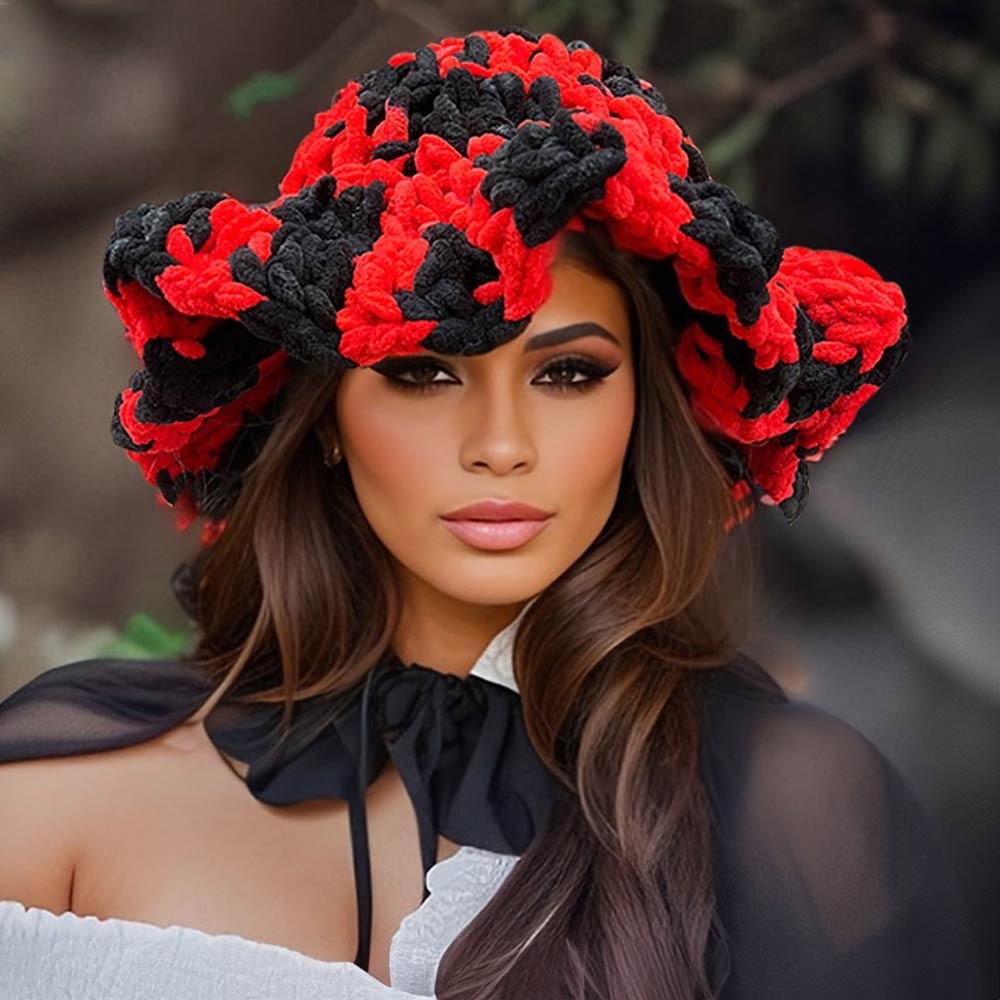 Red and Black Chunky Knit Crochet Sun Hat Wide Brim Floppy Boho Festival Headwea
