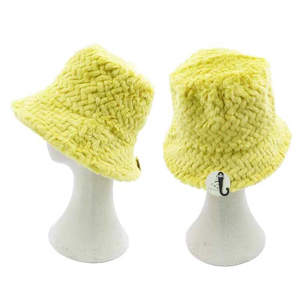 Neon Yellow Faux Fur Bucket Hat Soft Textured Winter Festival Fisherman Cap