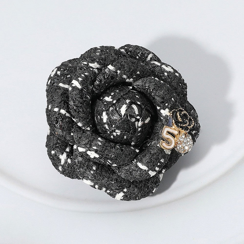 2PCS Elegant Camellia Flower Brooch Set Tweed Fabric Pin Hair Clip Black Pink
