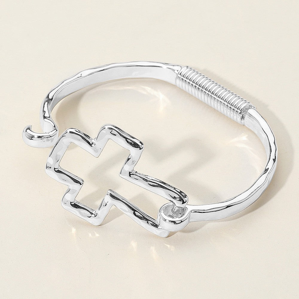 Hammered Silver Tone Open Cross Pointed Hinged Bangle Bracelet for Women