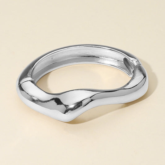 Polished Silver Tone Organic Wave Shaped Sculptural Hinge Statement Bangle
