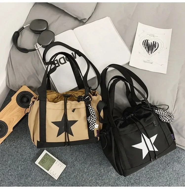 2-Pack Star Drawstring Tote Shoulder Bag Set Khaki Black White Crossbody Bags