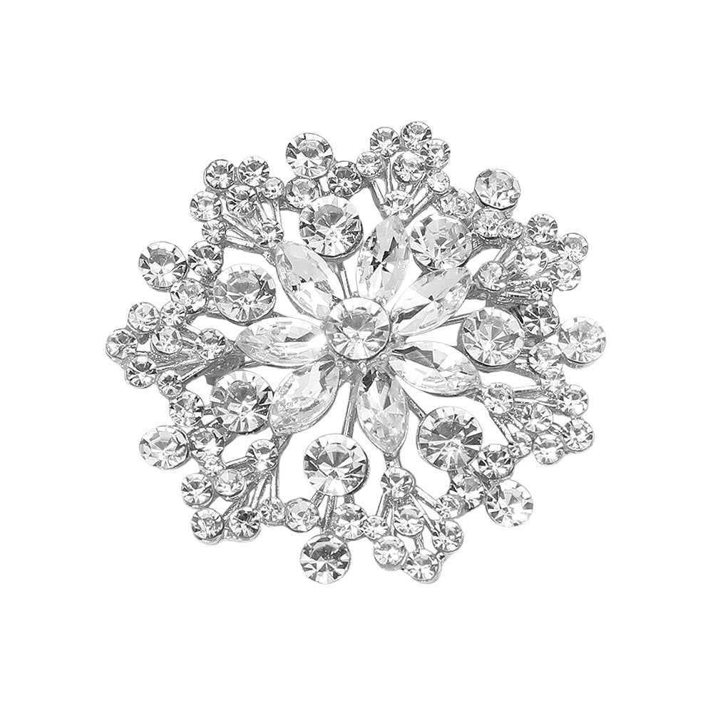 Elegant Silver Floral Snowflake Crystal Rhinestone Brooch Pin