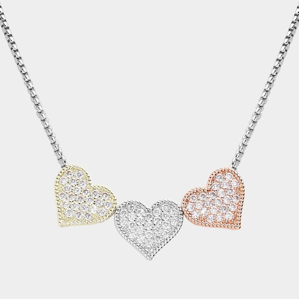 Women's 14K Gold Plated Cubic Zirconia Stone Paved Triple Heart Pendant Necklace
