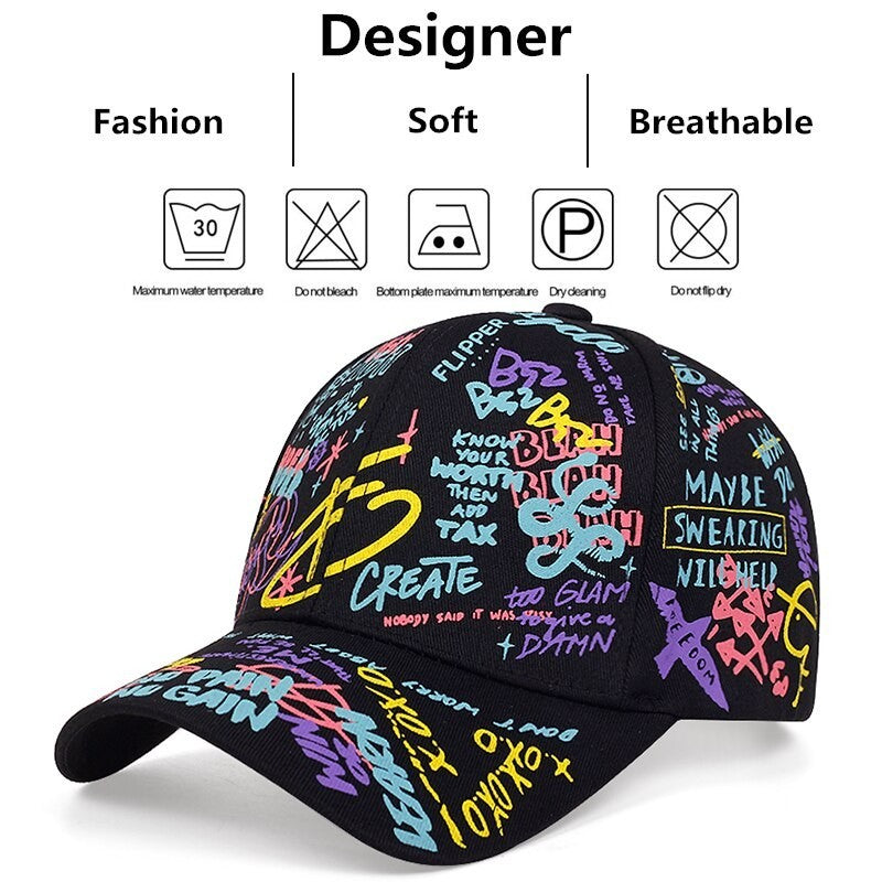 Urban Graffiti Art Baseball Cap Hat Adjustable Streetwear Black Unisex Cool Caps