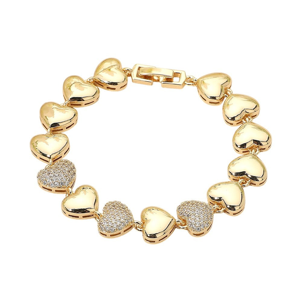 Gold Tone Pave Cubic Zirconia Heart Link Bracelet for Women