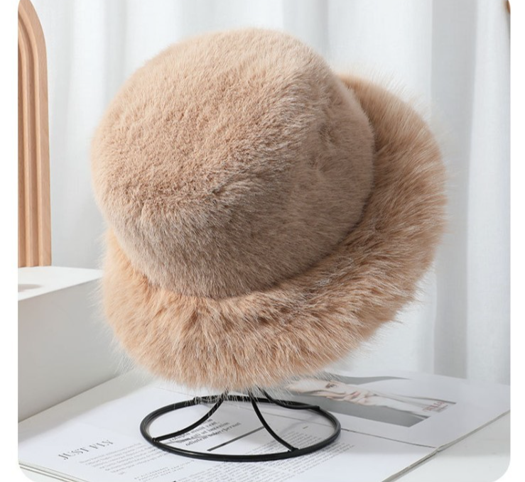 Faux Fur Bucket Hat Women Winter Warm Fluffy Fisherman Cap Light Brown Adjustabl