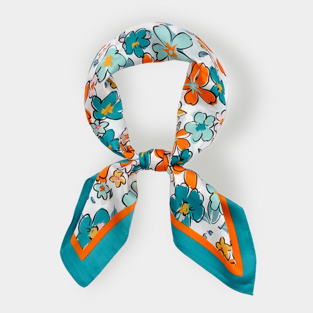 Women Floral Print Square Neck Scarf Teal Orange White Silk Feel Head Wrap