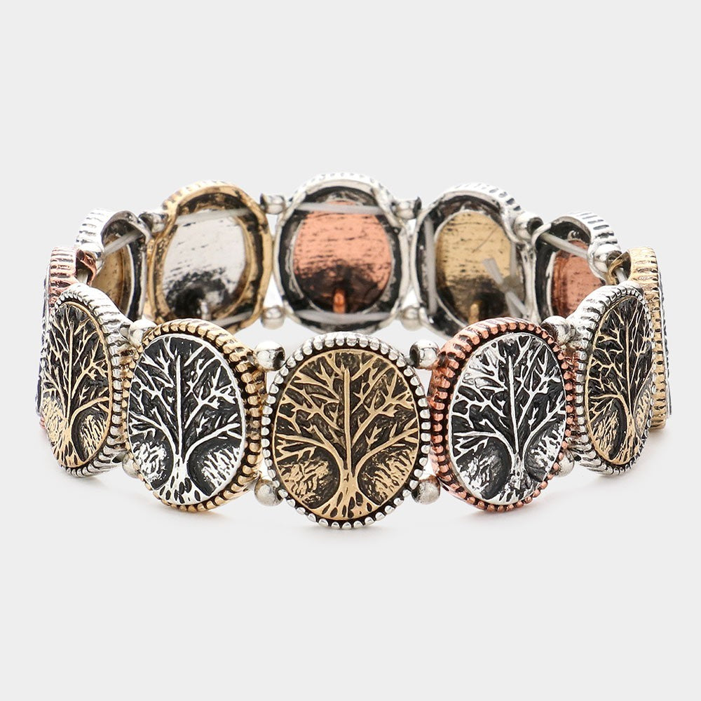 2pcs Multi-Tone Tree of Life Stretch Bracelet Set: Matching Vintage Style Gift