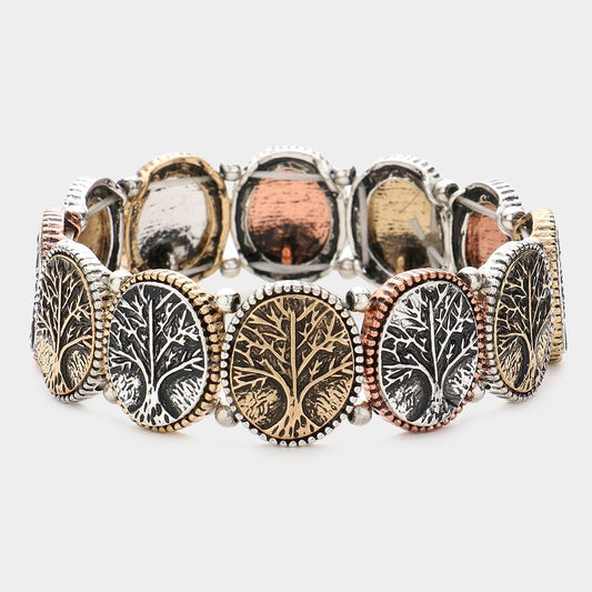2pcs Multi-Tone Tree of Life Stretch Bracelet Set: Matching Vintage Style Gift