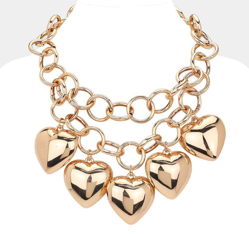 Chunky Metal Heart Charm Station Layered Chain Necklace for Women Fashion