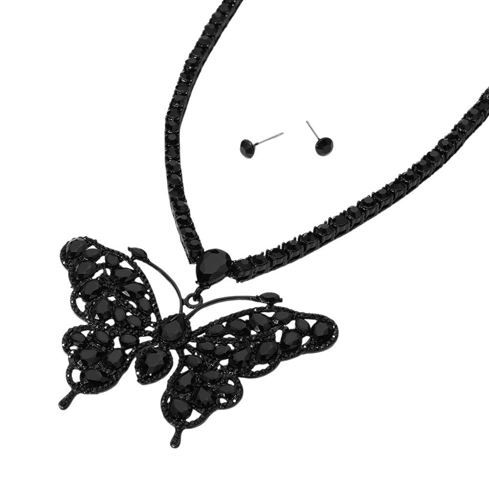 Black Rhinestone Butterfly Pendant Tennis Chain Evening Necklace for Women